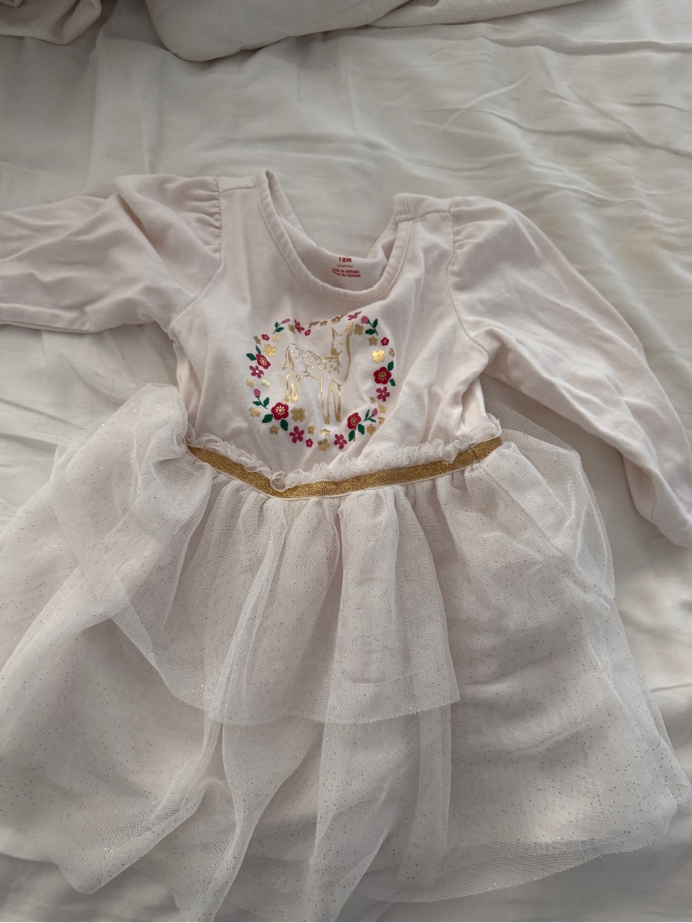 White Glitter Tulle Unicorn Dress with Gold Waistband
